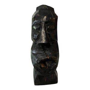 Vintage Hand-Carved Wooden Sculpture – Moai-Style Tribal Bust – 11.5”